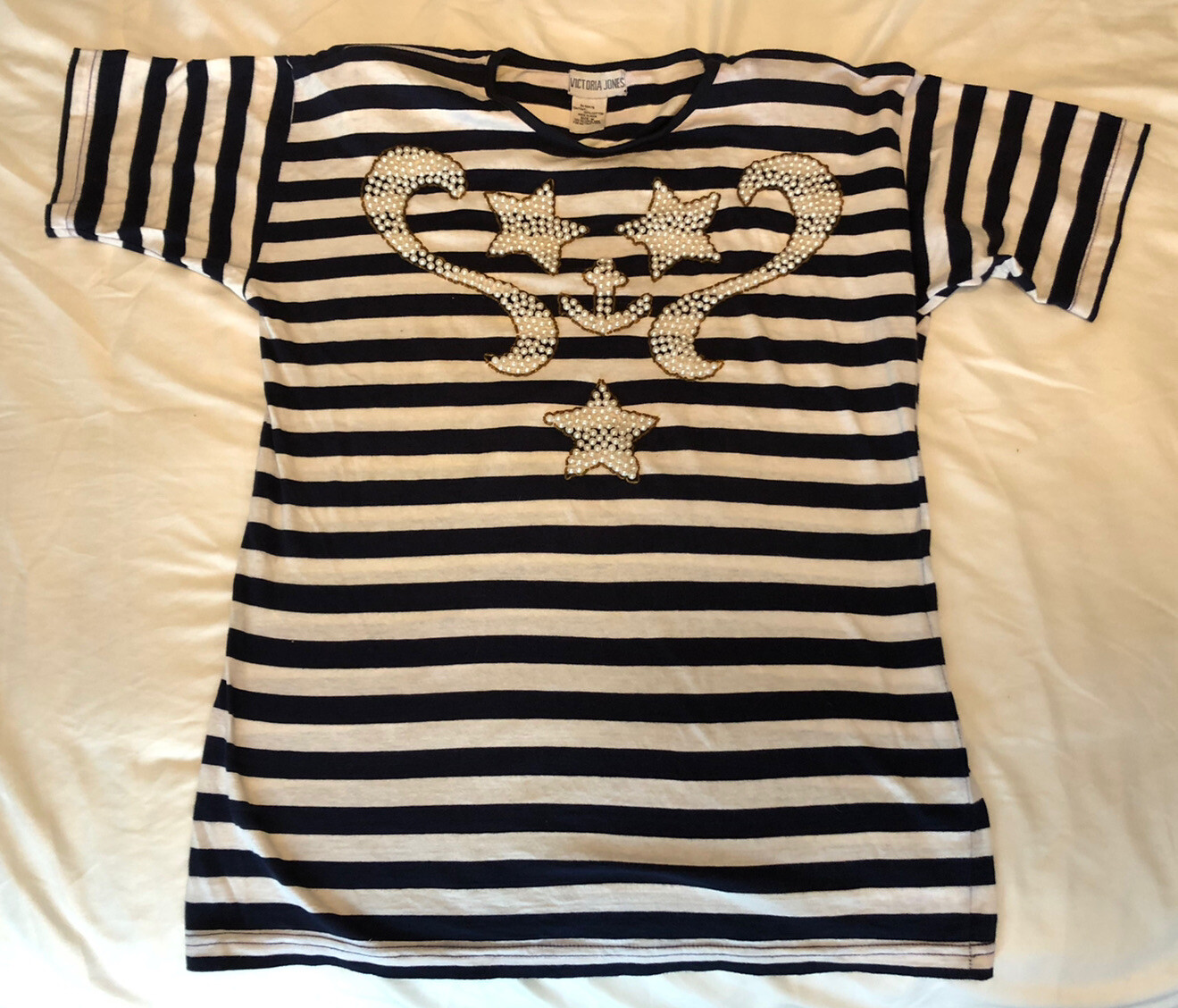 Vintage Victoria Jones Top M Sailor Nautical Stripes Anchor Pearls Sailing Boat