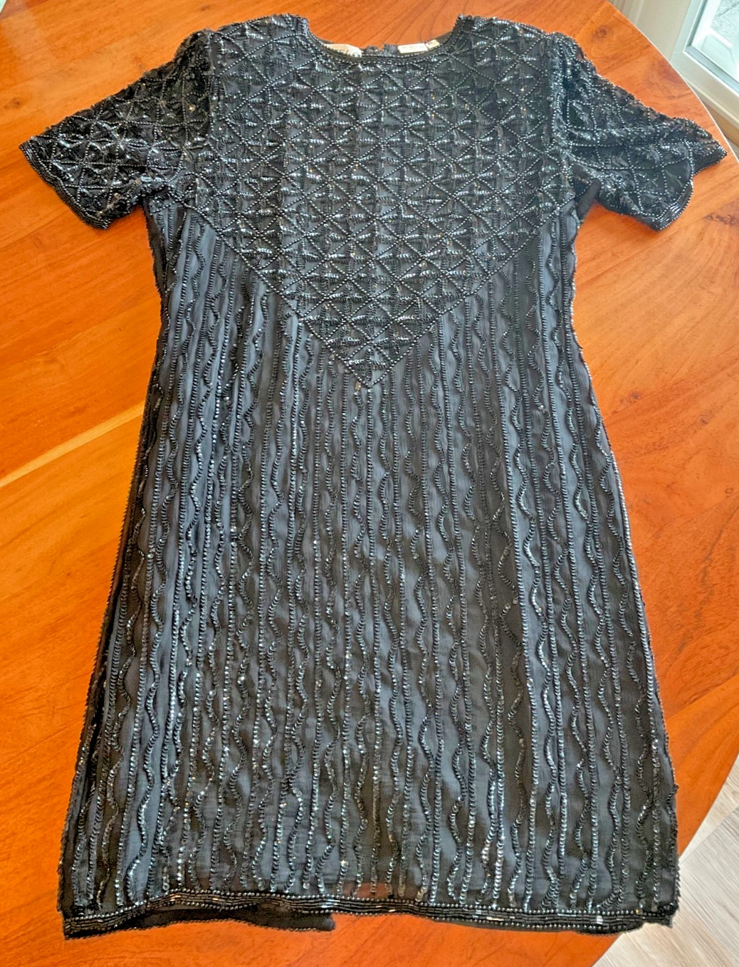Vintage 1980s Sweelo Beaded & Sequined 100% Silk Cocktail Dress Size XL 12-14