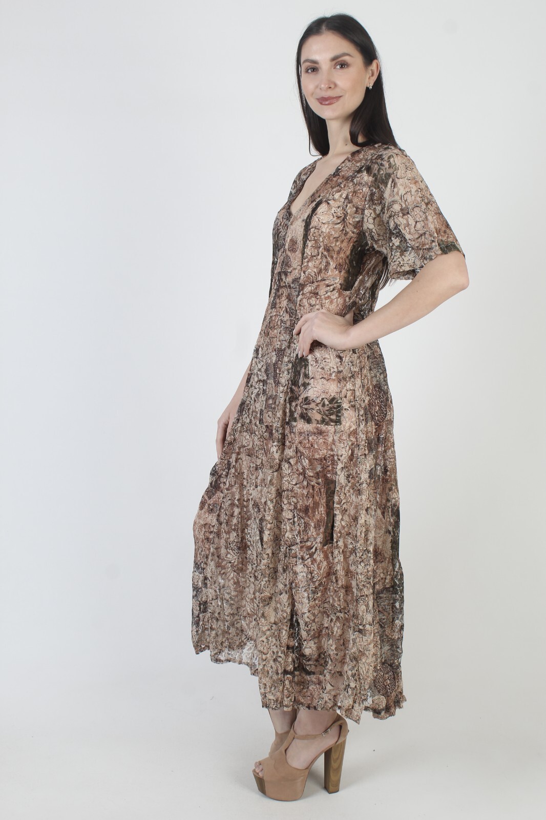 Vintage Camouflage Gypsy Lace Dress 90s Sheer Forrest Army Green Grunge Maxi M