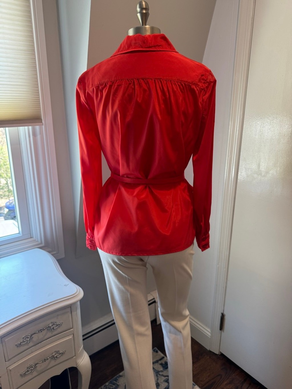 Vintage Unbranded Taffeta like Red Blouse with waist Sash