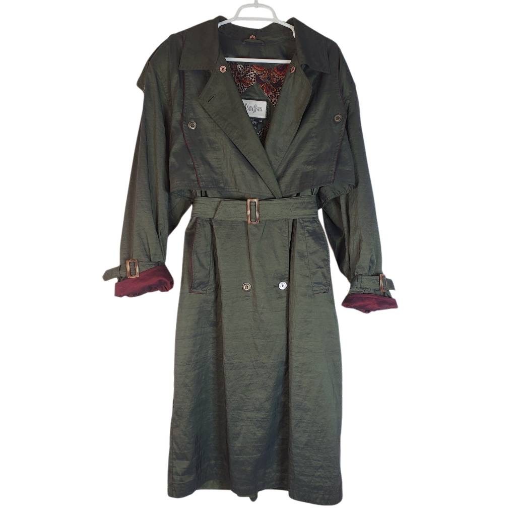 Neiman Marcus Double Breasted Belted Water Resistant Trench Coat Olive Green 14