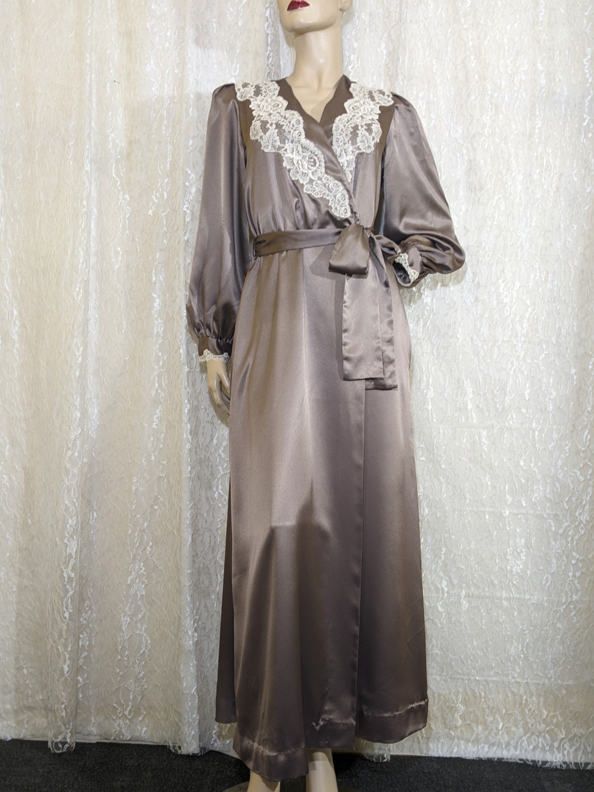 Vintage Christian Dior Satin Lace Pocketed Dressing Gown Robe S