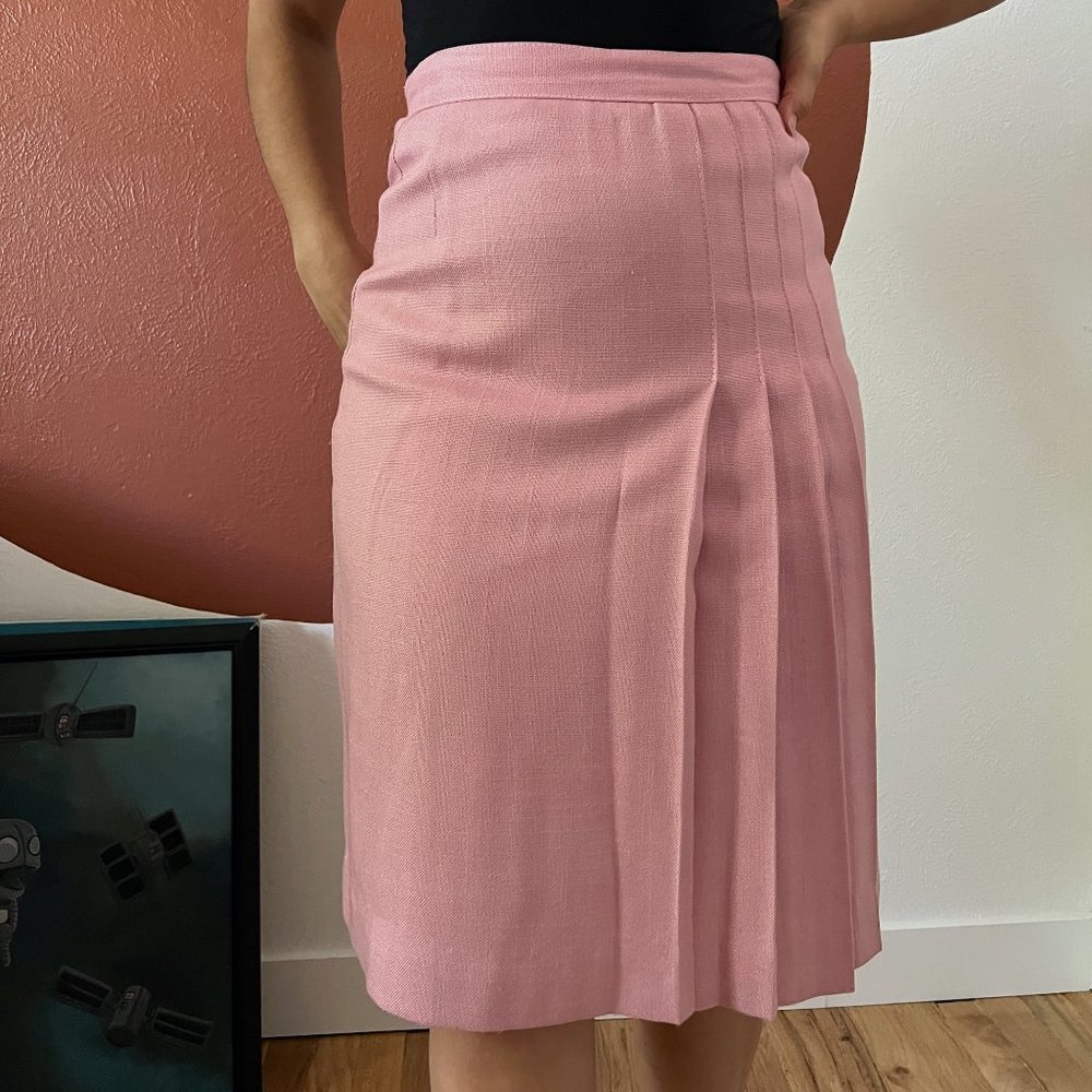 Vintage 1970s Pink Skirt Suit Pleated Blazer Set Small Wool Blend