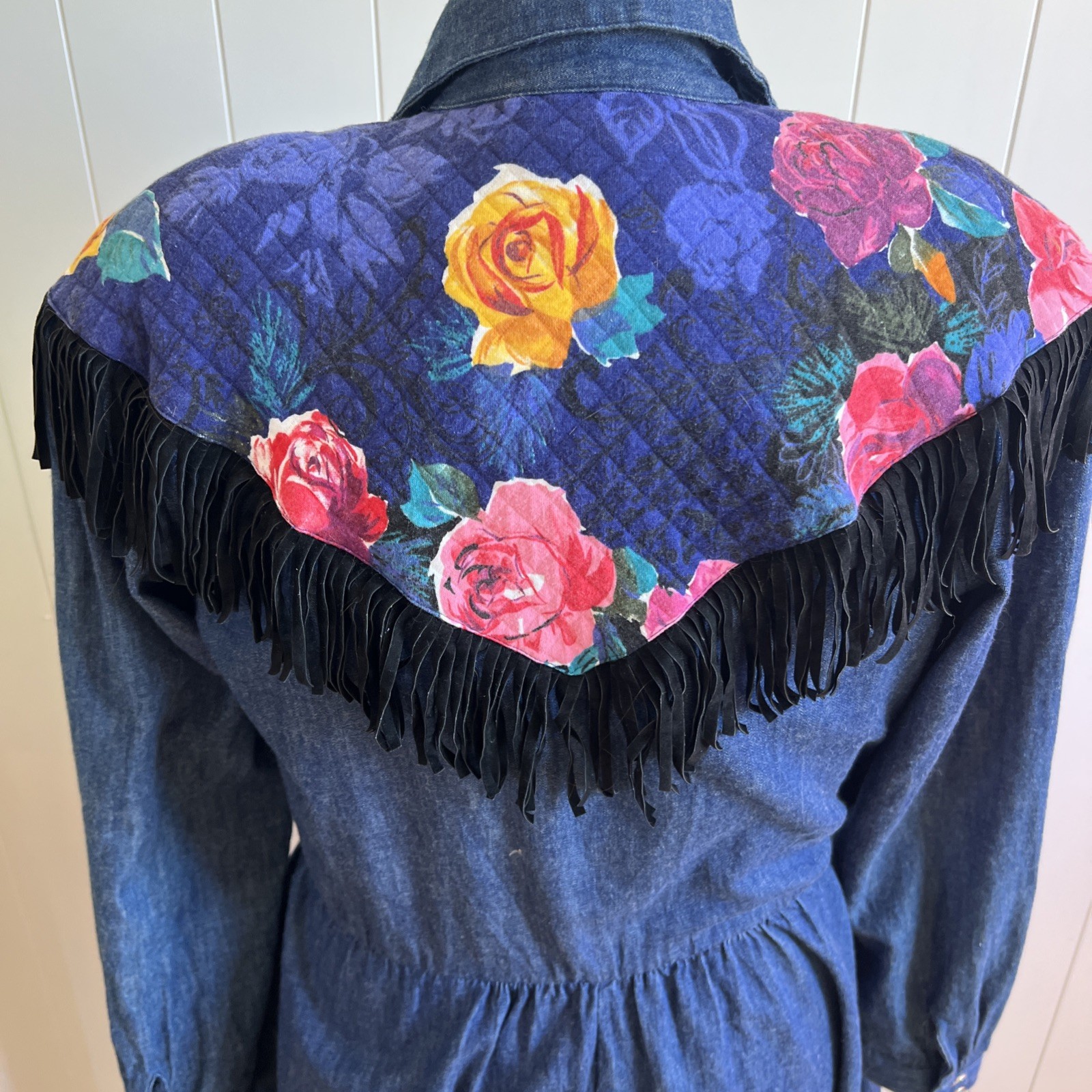 VTG 80s Choon California Denim Maxi Dress Western Floral Quilted Yoke Fringe M L