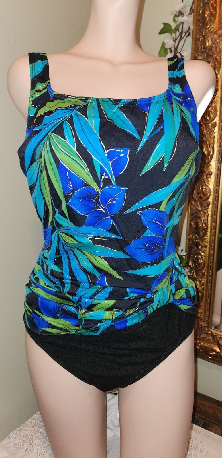 Vintage Robby Len Bright Floral One Piece Swimsuit with Faux Wrap Size 14