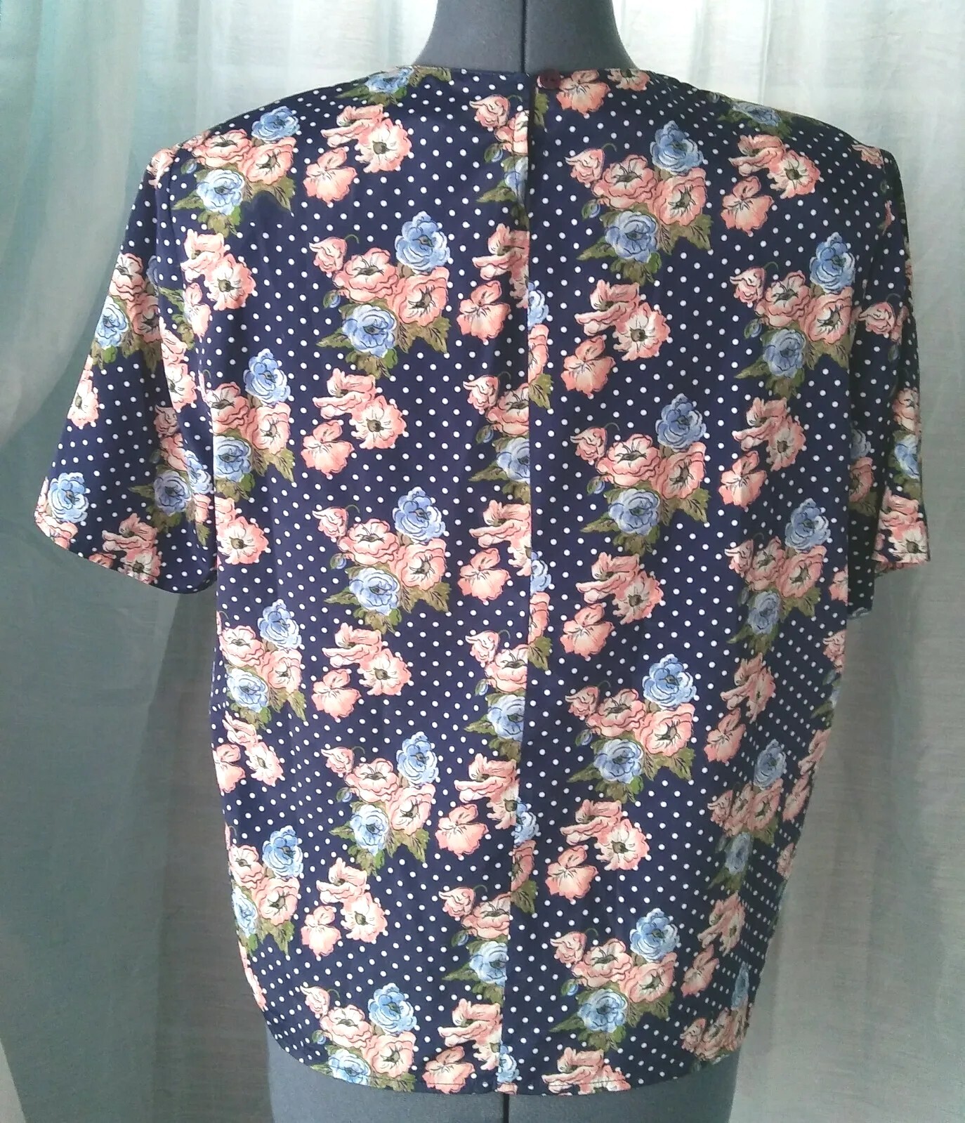 Vintage Gianna Navy Blue Blouse with Polka Dots & Florals Size Medium