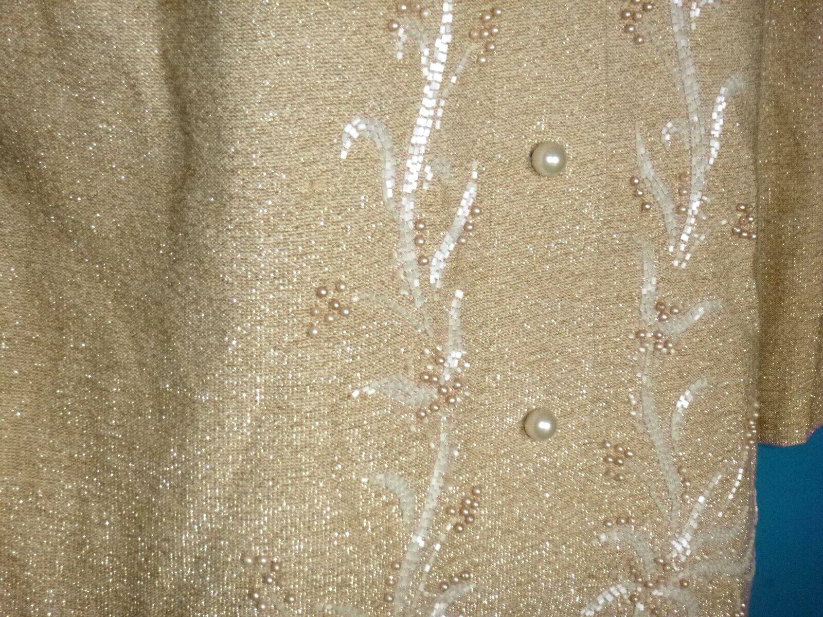Vtg 60s Gino Paoli 2 Pc Wool Knit Cardigan & Skirt Set Gold metallic Beading S/M