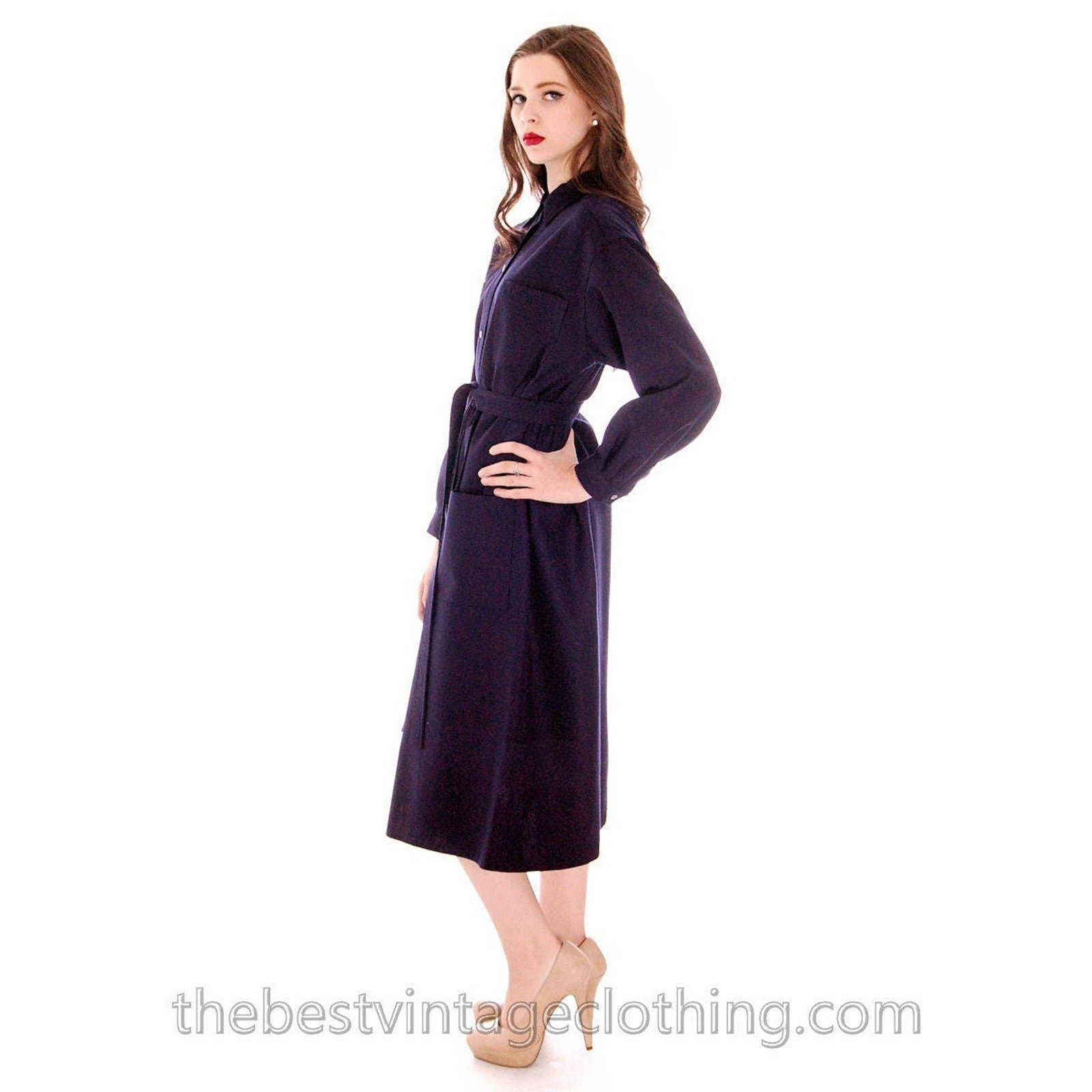 VTG 1970s Vuokko Finland Navy Wool Mod Coat Dress Snap Front L