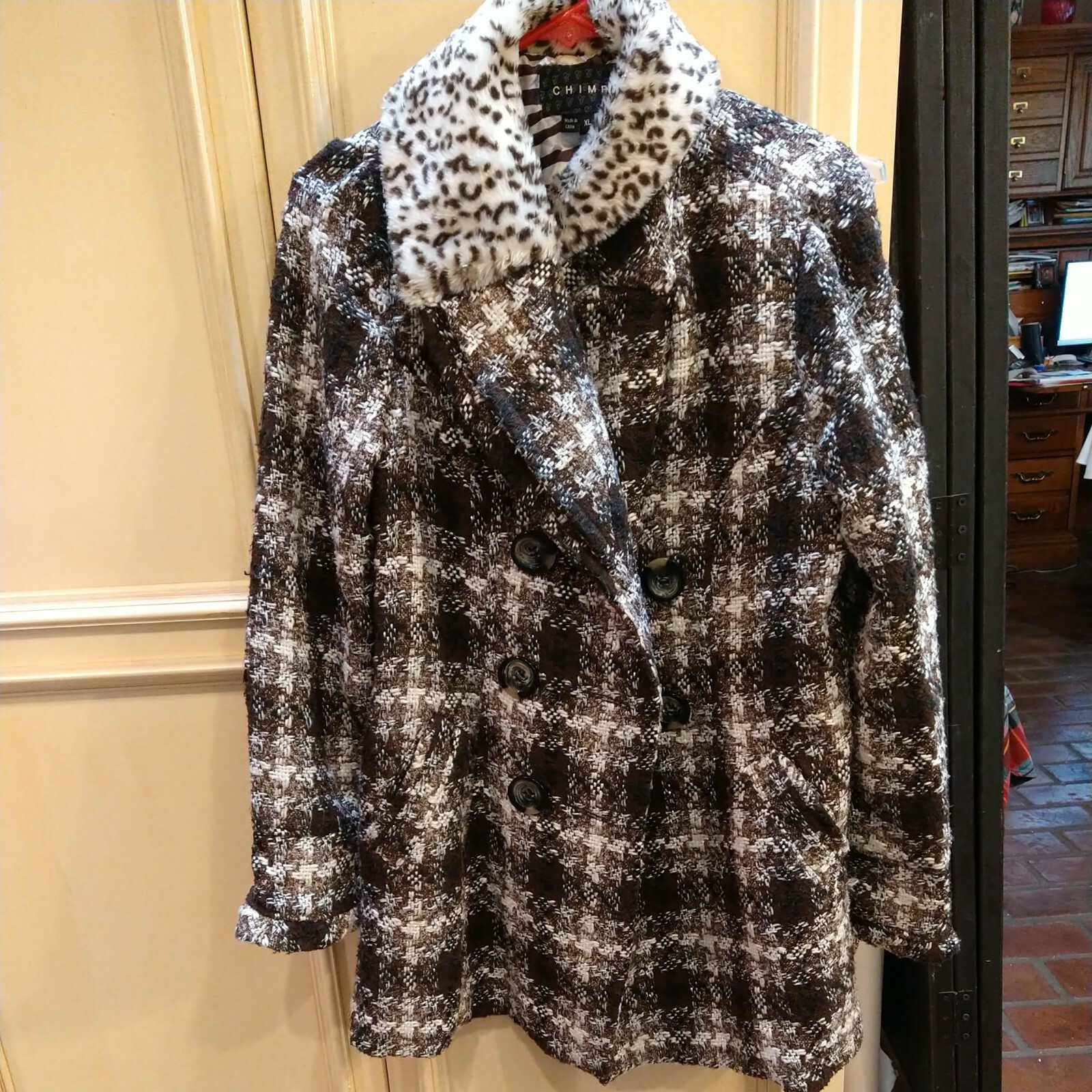 Chime Women Brown Plaid Boho ArtsyCoat Faux Fur Trim Zebra Lined Unique VTG XL