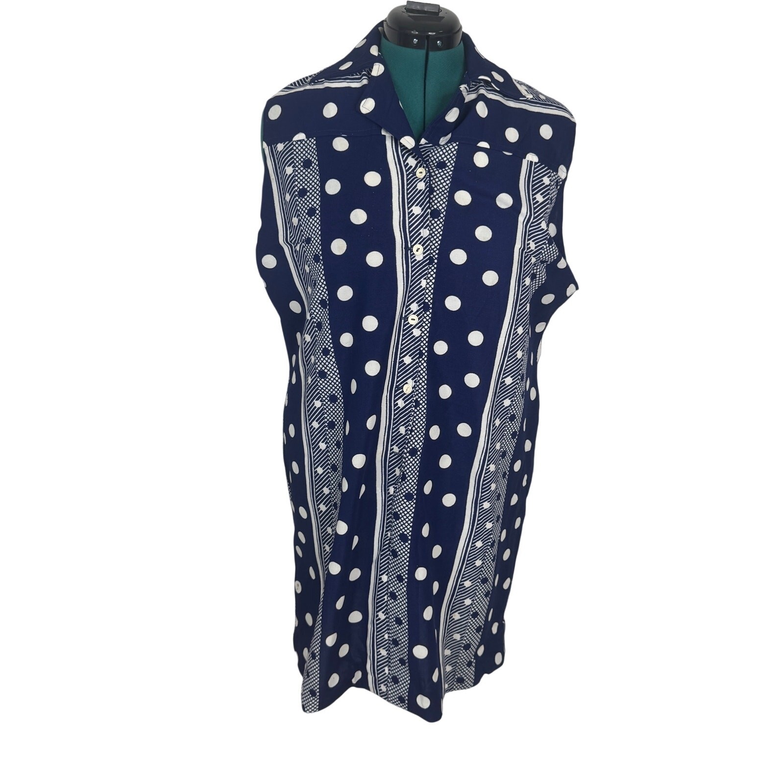 Vntg 1970s Carine Couture Navy Polka Dot Shift Dress Plus Size 1X 2X Pockets TLC