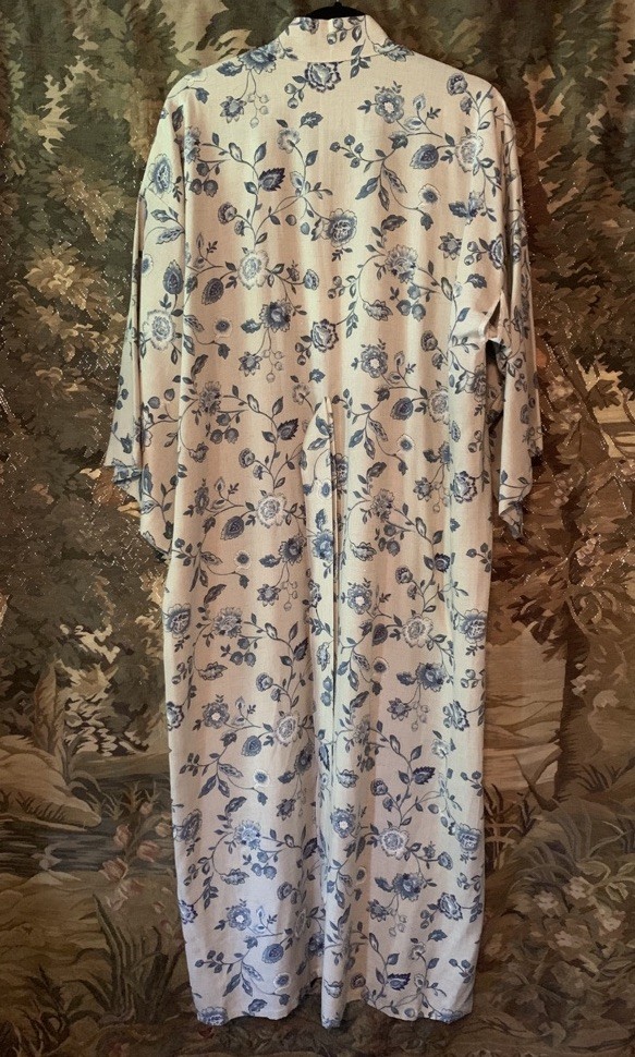 Vintage OOAK Linen Floral Maxi Full Length Kimono Wrap Robe Duster boho cottage