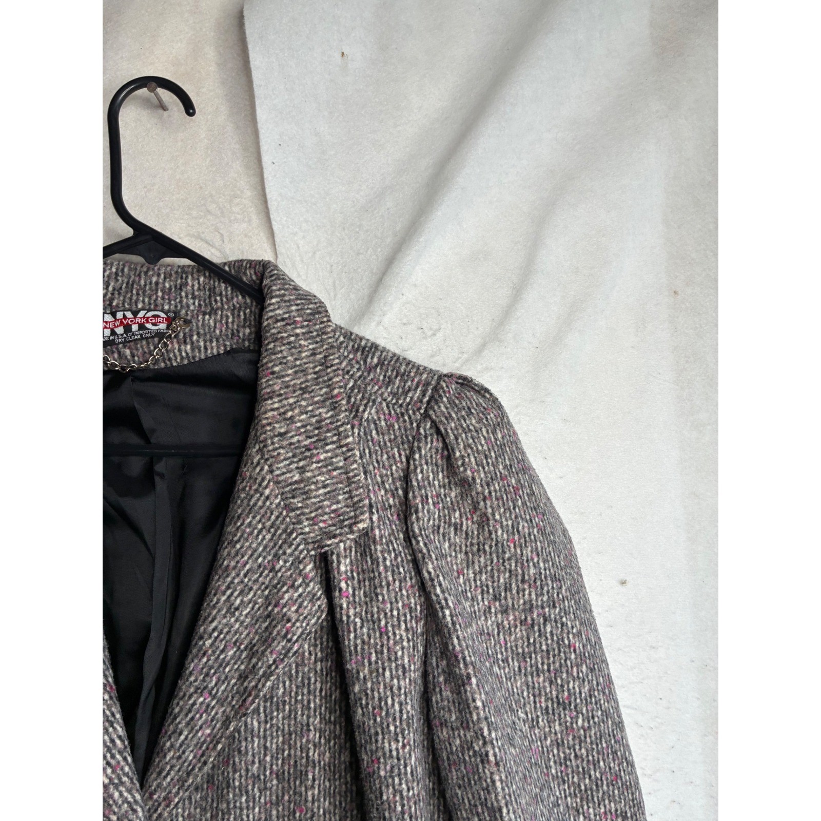 Vintage New York Girl Wool Blend Tweed Long Coat Grey Pink ILGWU Made in USA