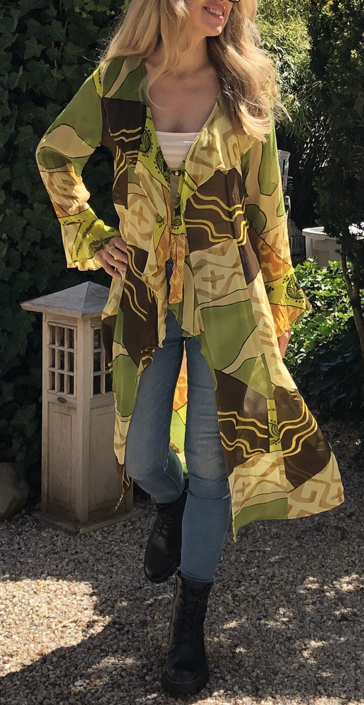 Kimono Duster chiffon maxi cardigan long cover up dress Vintage Sheer Robe SZ L