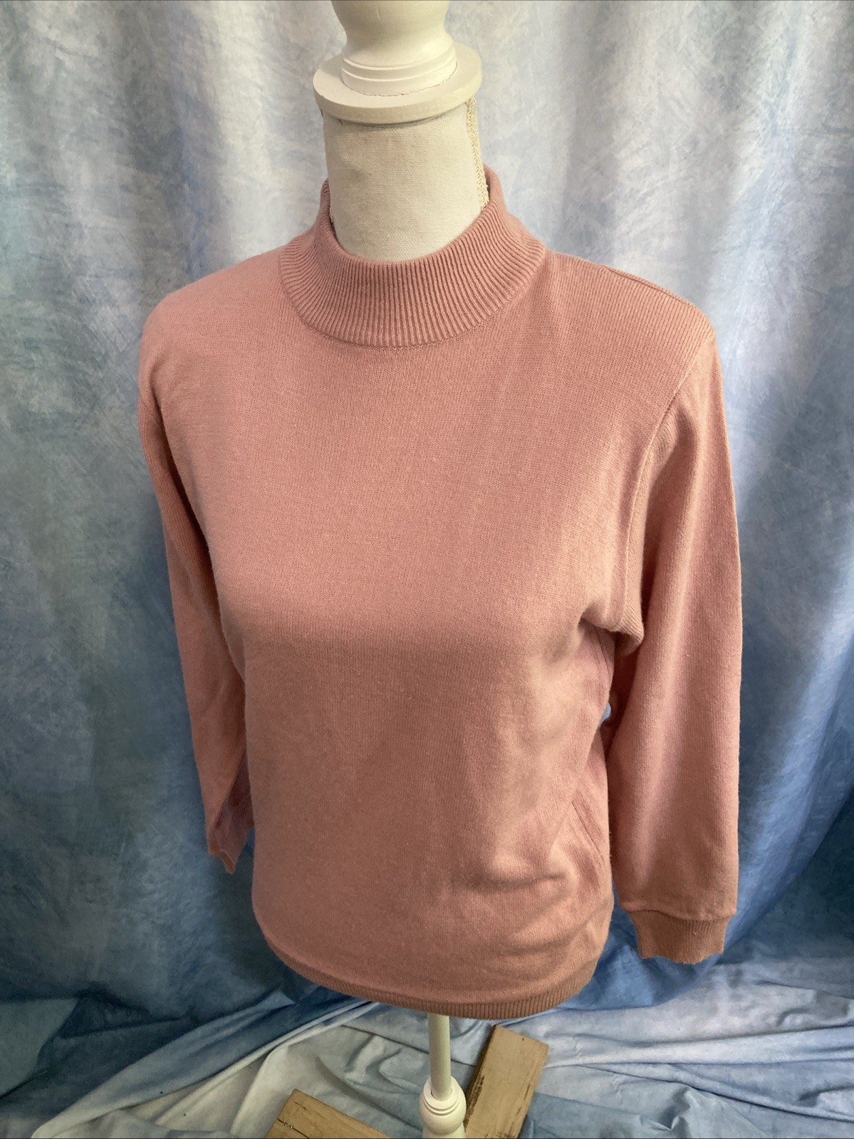 Vtg 80s Joyce Mock Neck Sweater Womens M Pink Acrylic Back Zip Shoulder Pads HK
