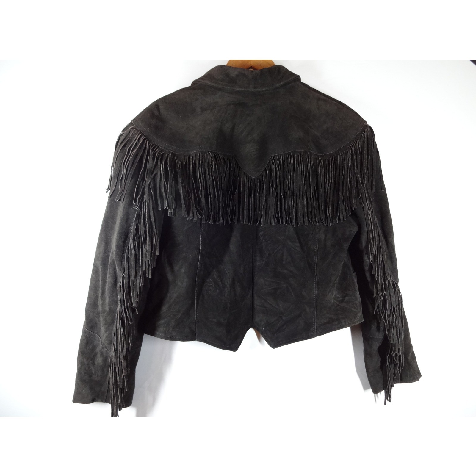 VTG Pioneer Wear Western Jacket 12 Black Suede Fringe Cropped Rodeo Cowgirl Boho