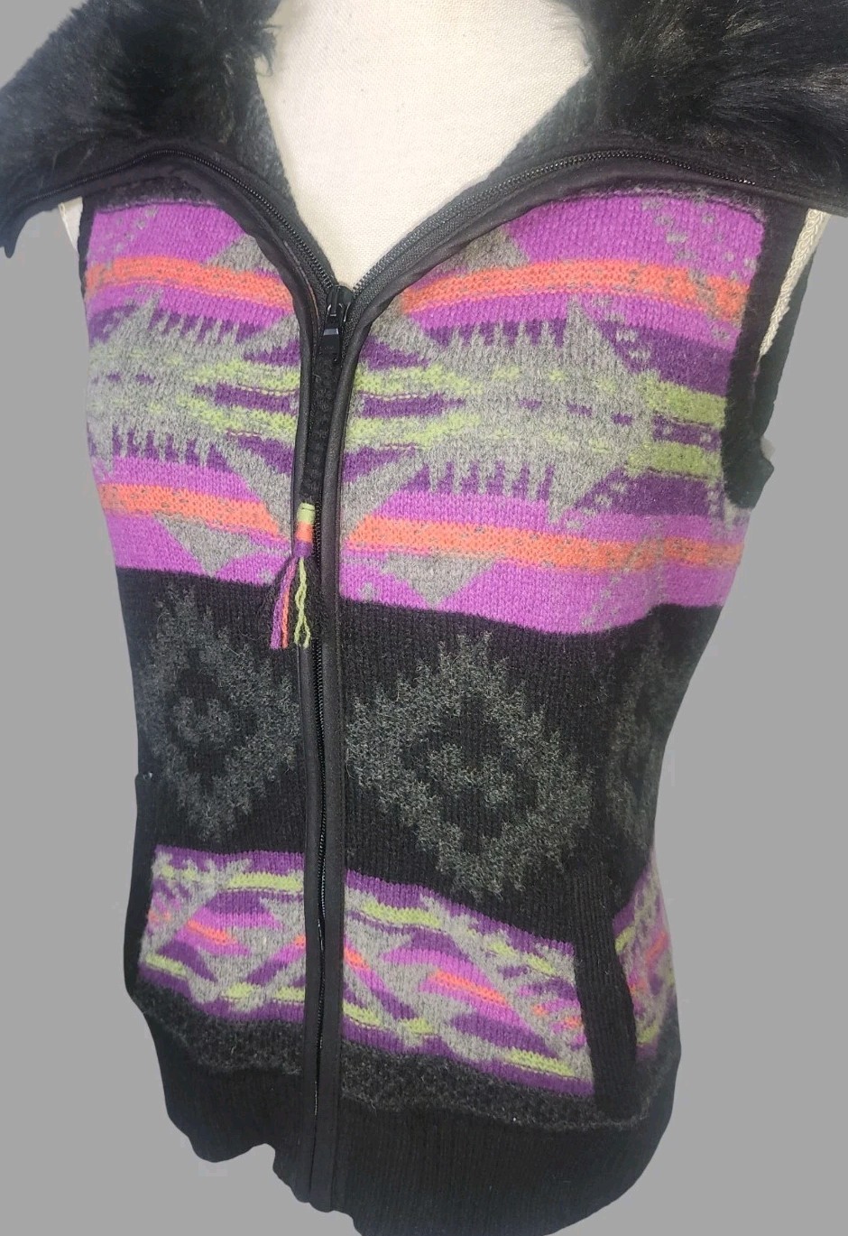 Vintage Ralph Lauren Active Medium Southwest Fair Isle Lambswool Faux Fur Vest