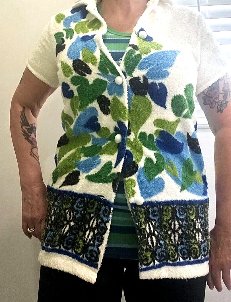 Vintage 60s Terrycloth Beach Coverup Bright Blue Green Unique Design S/M
