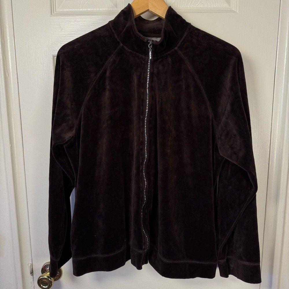 Vintage Kate Hill Brown Velour Jacket with Rhinestone Zipper Size XL