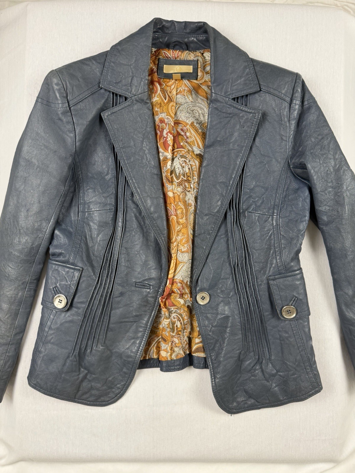 Vintage Wilsons Leather Pintuck Blazer Jacket Small Blue Charcoal Paisley Lined