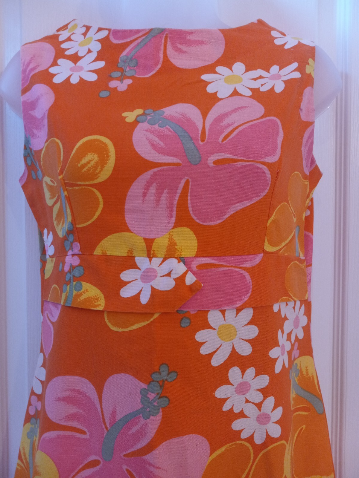 Vintage 60s Hawaiian Psychedelic Orange Floral Tiki Oasis Ruffled Skirt Dress SM