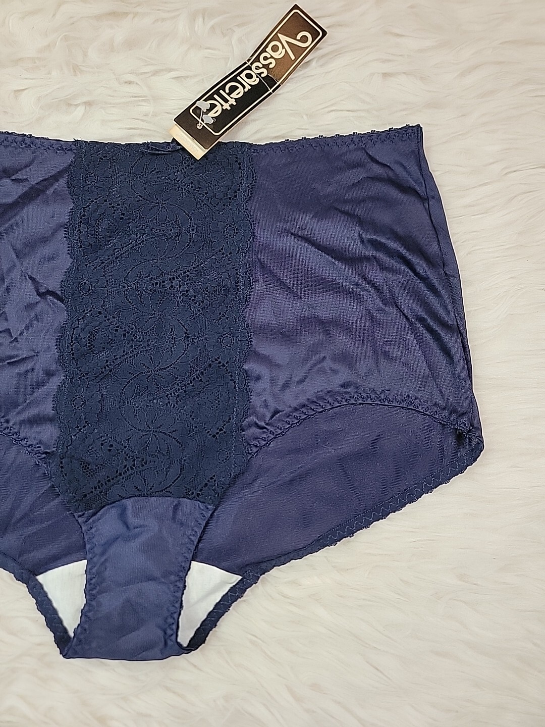 Vintage Vasarette Size 5 Granny Panties Nylon Navy Blue Lace Panel Semi Sheer I
