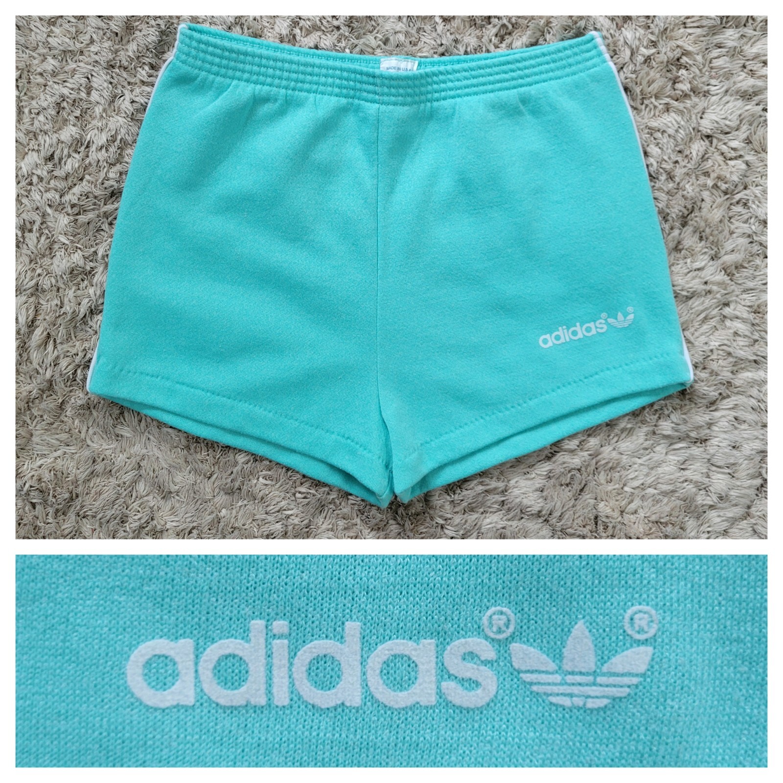 Vintage Adidas Mint Green Shorts w White Piping & Elastic Waist Size Med