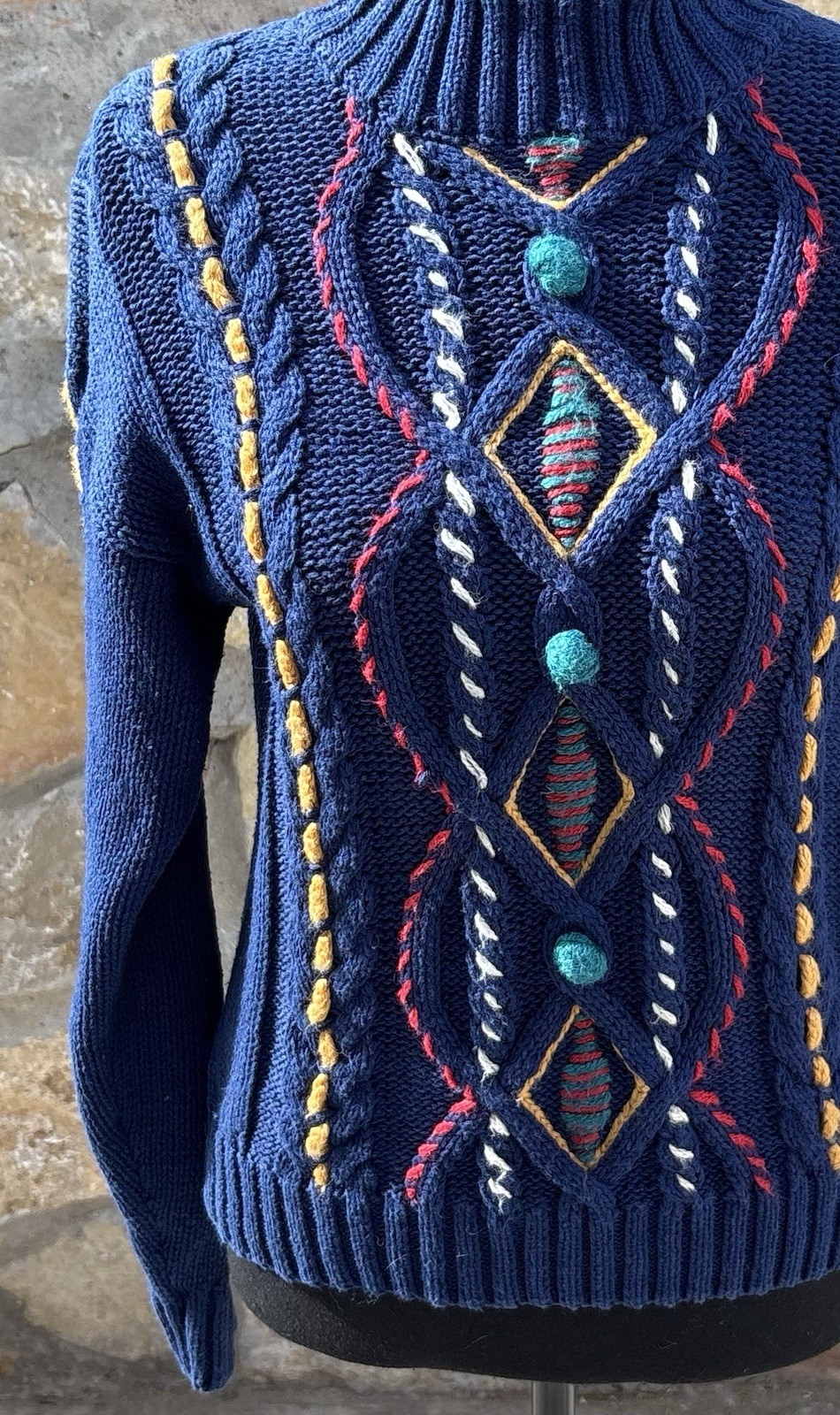 Vintage Mixed blues S Chunky Cable Knit Base W/ Colorful Embroidery POM POM READ