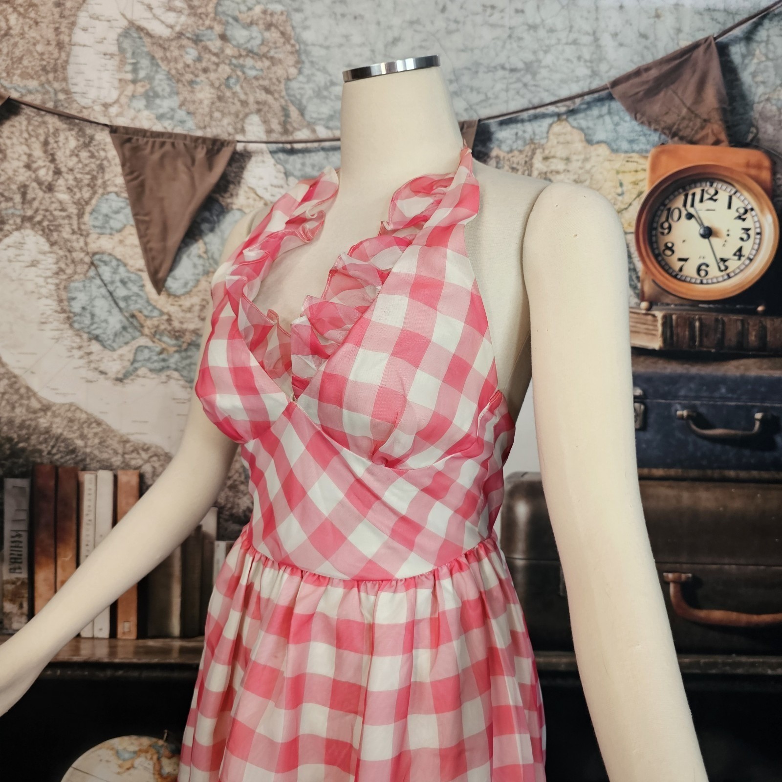 Vintage 1970s Maxi Dress Sundress Pink and White Gingam Check Ruffled V-Neck
