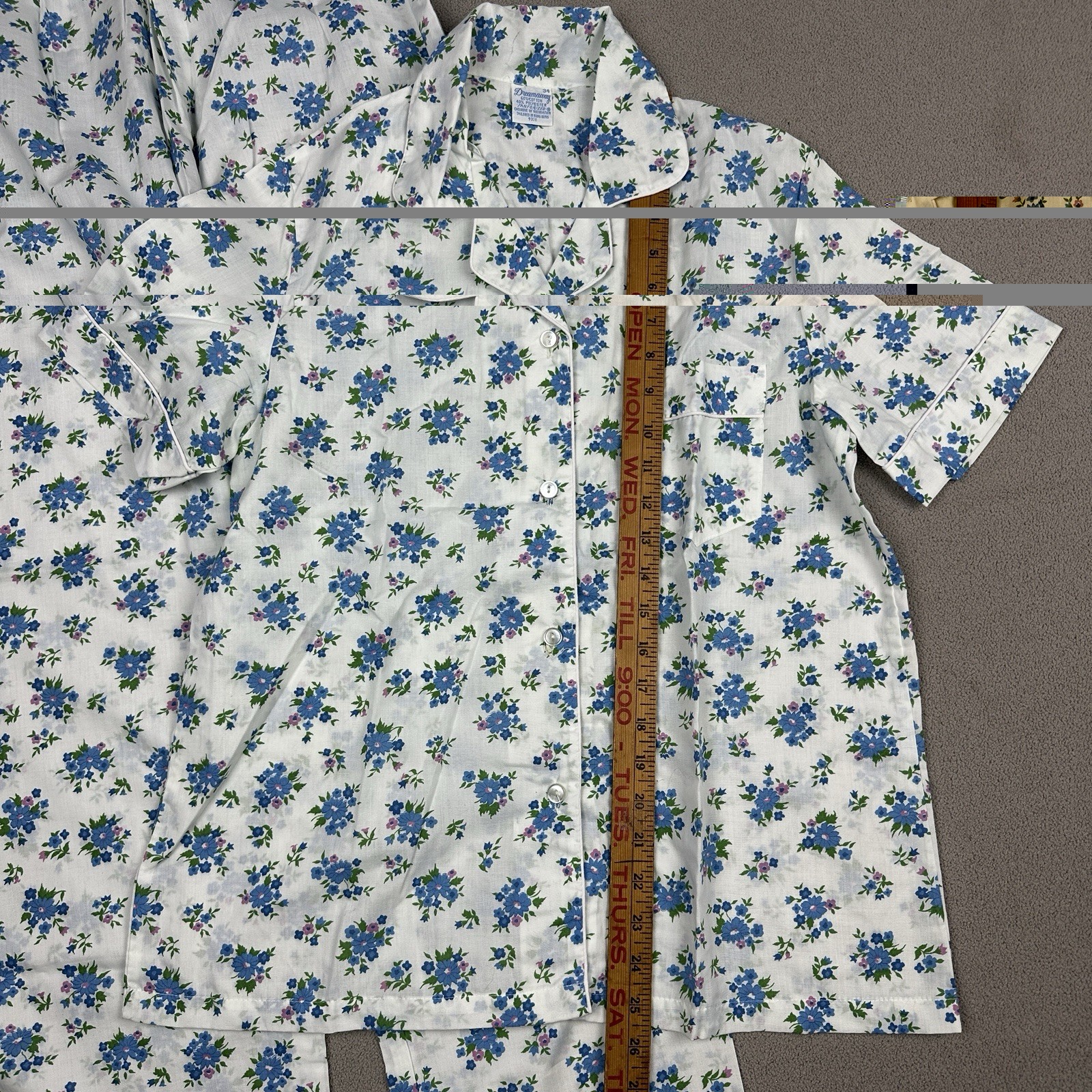 Vtg Dreamaway Pajama PJ Set Top & Pants Blue White Flowers Sanforized Sz 34