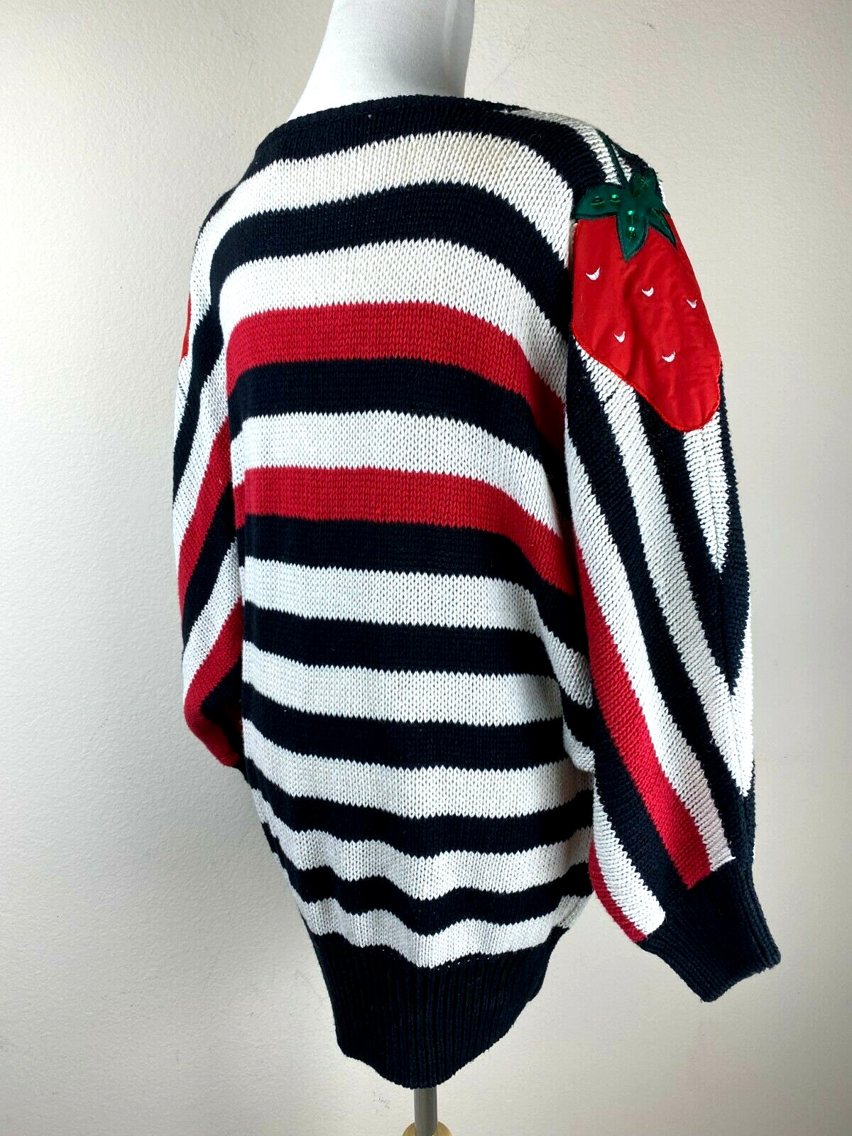 VTG 80s Bonnie Boerer Grannycore Batwing Chunky Sweater S Red Black Striped Knit