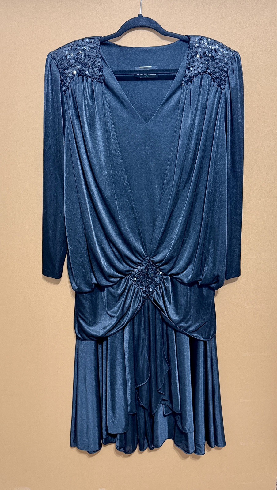 Vintage 80’s David Rose Cocktail Dress Sequined Accents Draped Drop-Waist Design