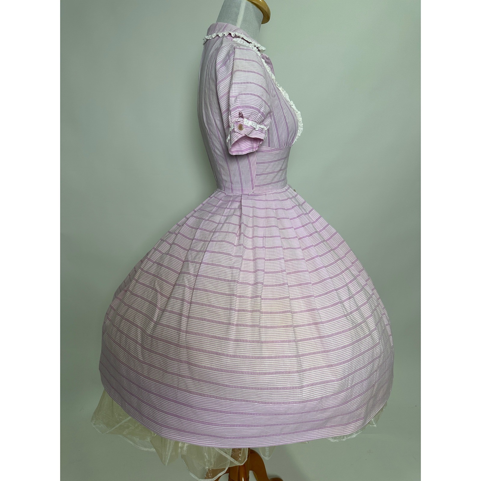 Cute Vintage 1950s Pixie of California Purple Candy Stripe Lace Ruffle Dress