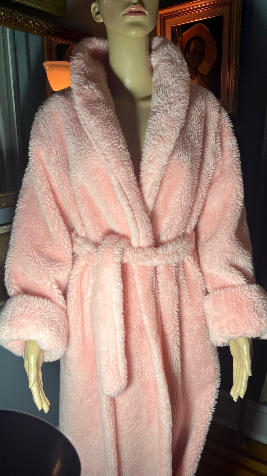 Vintage A Borg Fabric PINK Long Fluffy Furry Plush Robe Medium Made in USA