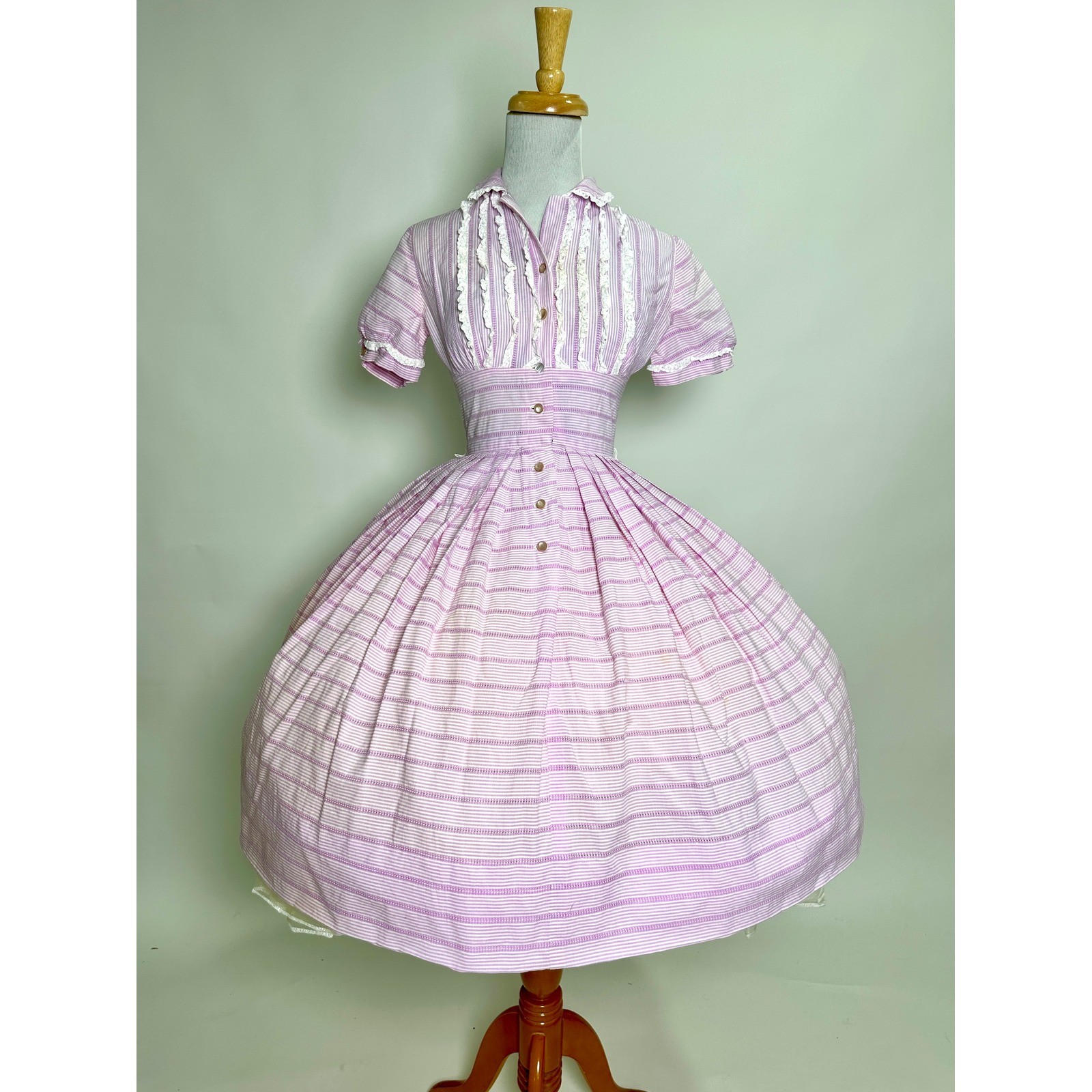 Cute Vintage 1950s Pixie of California Purple Candy Stripe Lace Ruffle Dress