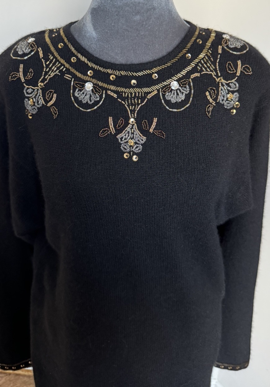 Vtg Boundary Waters Black Angora Lambswool Beaded Sweater Tunic M Embellished