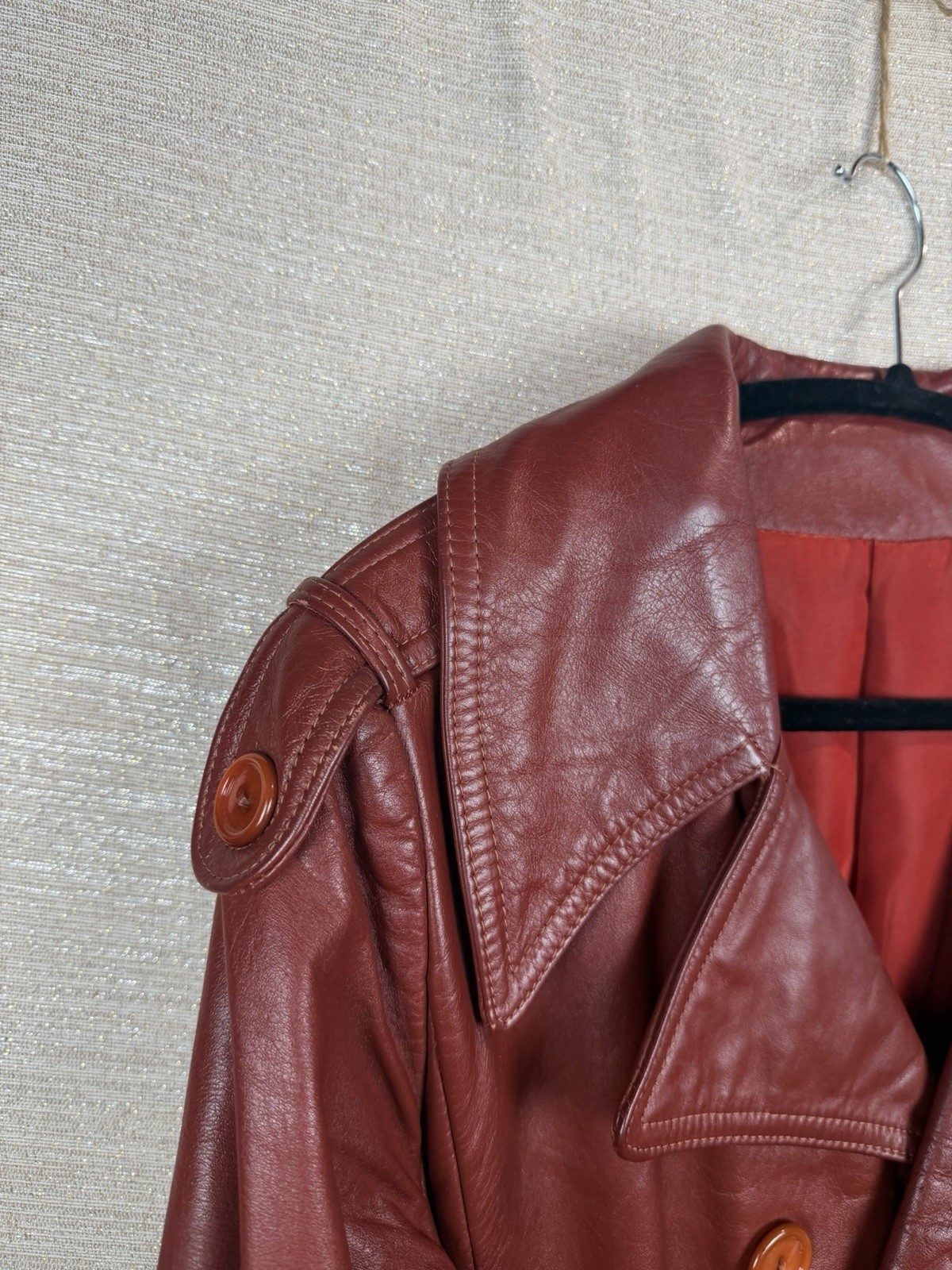 Vintage Cherry Red Leather Jacket Long Belted Mod Trench Coat 1970s Size 10