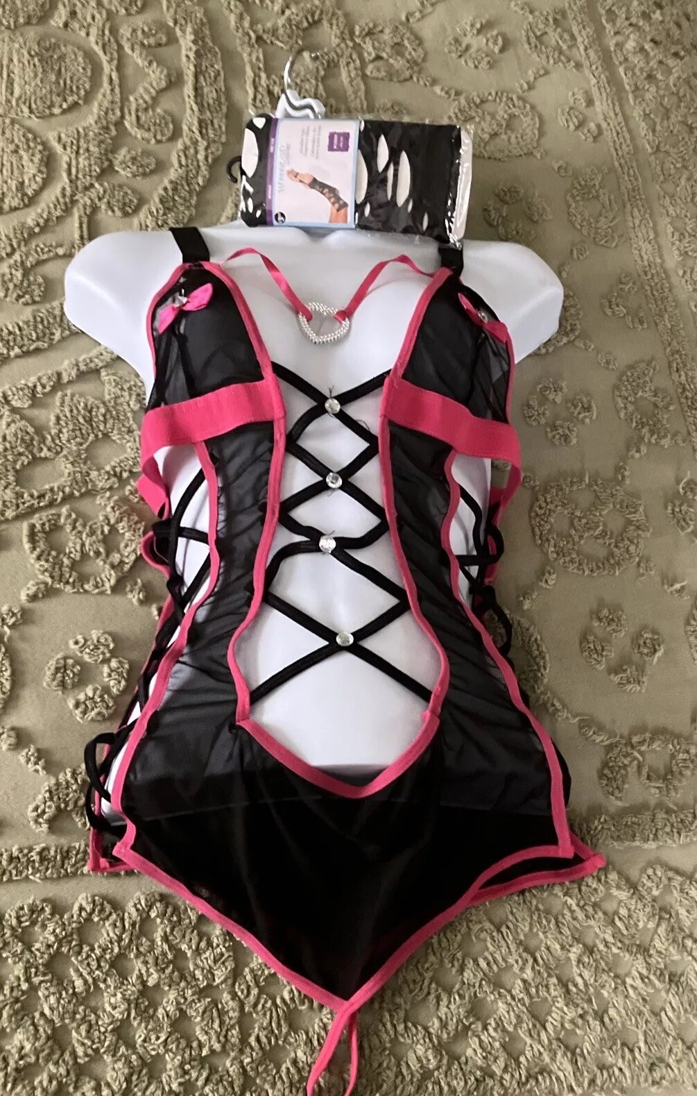 Vintage Black Pink Strappy Woman’s Teddy Sexy Bodysuit Intimate Apparel One Size