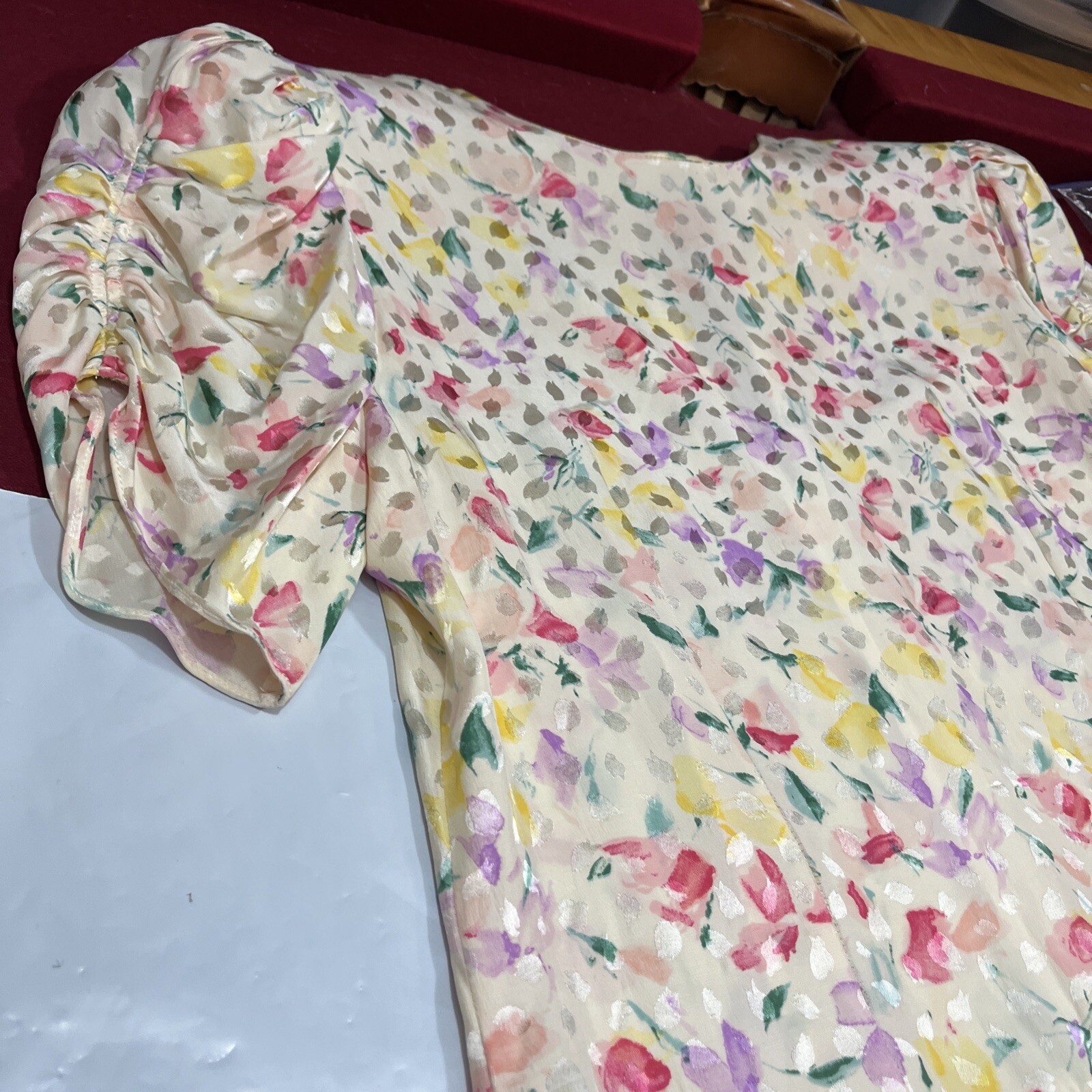 Floral SILK TIERED RUFFLES DRESS WHIMSY Fairy COQUETTE prairie Yellow Pink Sz 14