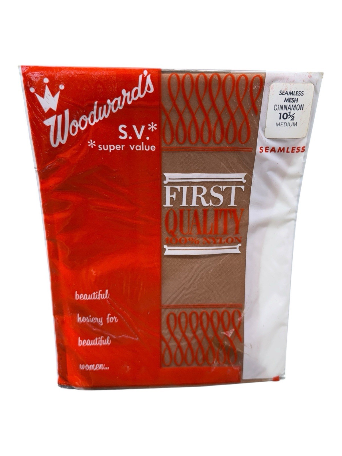 Vtg Woodward’s Seamless Mesh Nylon Stockings 10 1/2 M Cinnamon First Quality