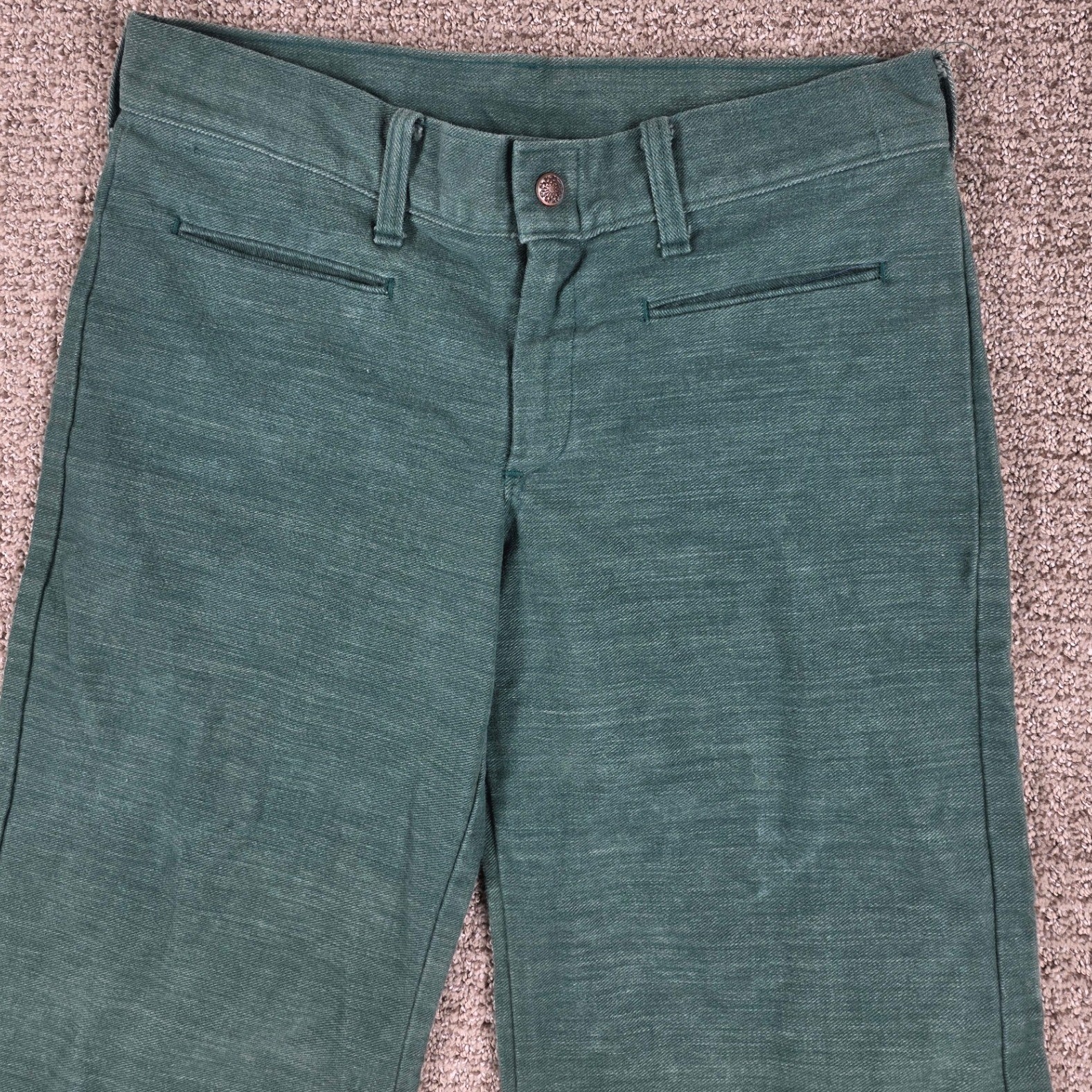Vintage 70s Parkhouse Juniors Green Cotton Flare Leg Bell Bottom Pants 30×30