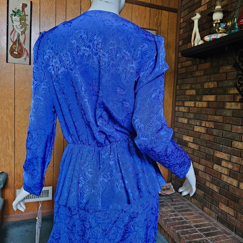 Vtg NOS 80s Sapphire Blue Jacquard Plunging Surplice Peplum Power Suit Dress M