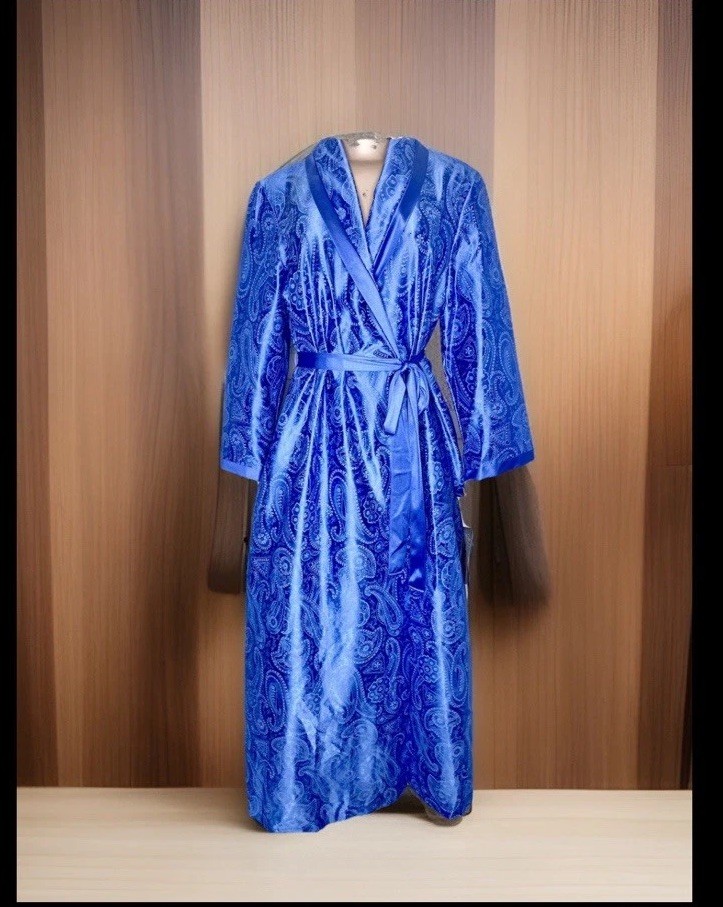 NWT Vintage Vanity Fair Long Blue Satin Robe House Coat Peignoir Womens Petite M