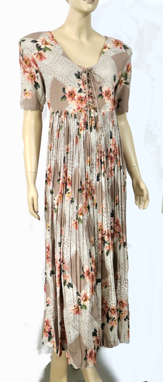 Vintage Starina Midi Maxi Fan Pleat Dress Double Corset Semi Sheer M