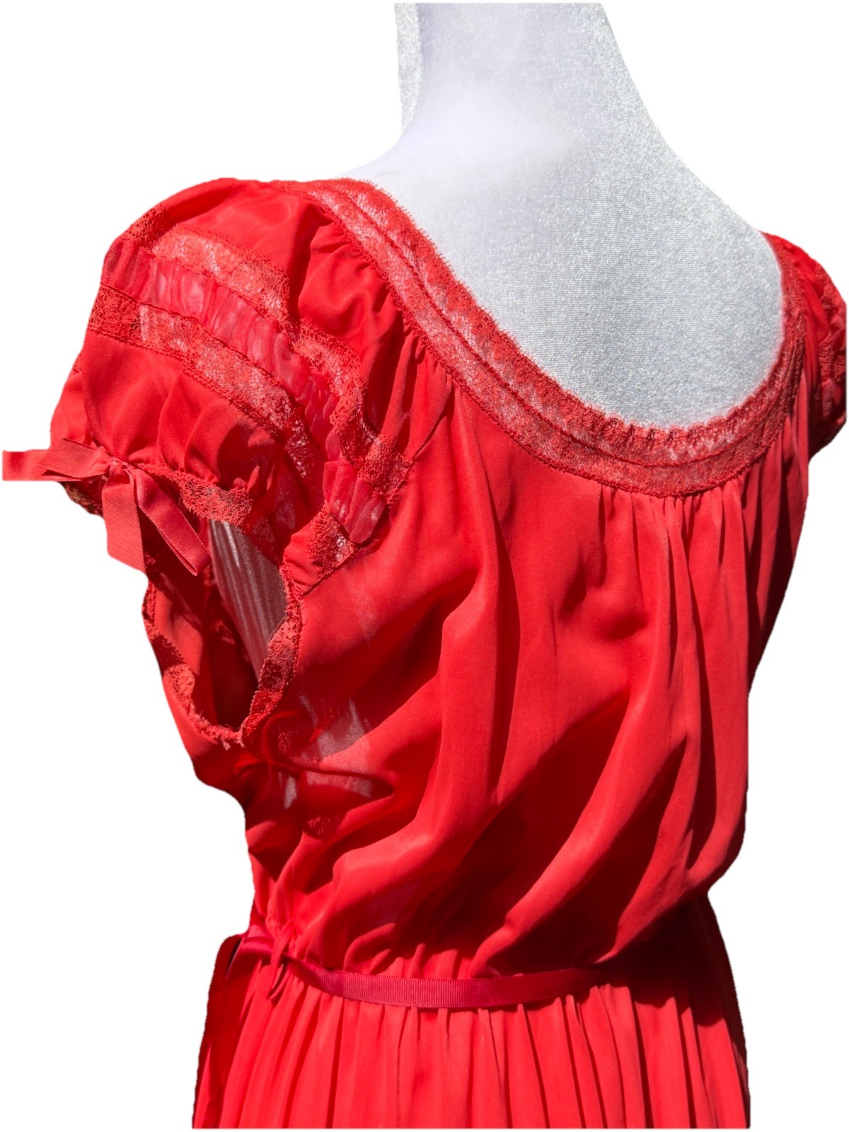 Vtg 60s Nightgown Chiffon Pleat Maxi Empire Goddess Siren Red Lace Nylon M 36 38