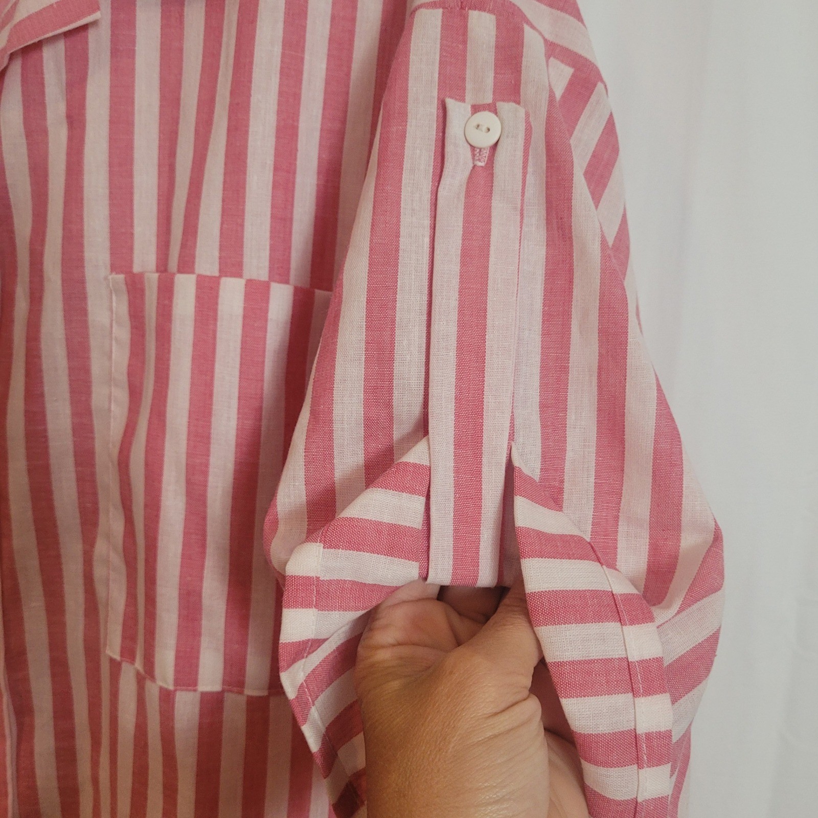 Vintage Carole Lee Pink White Striped Roll Tab Button Down Shirt Size 44 USA