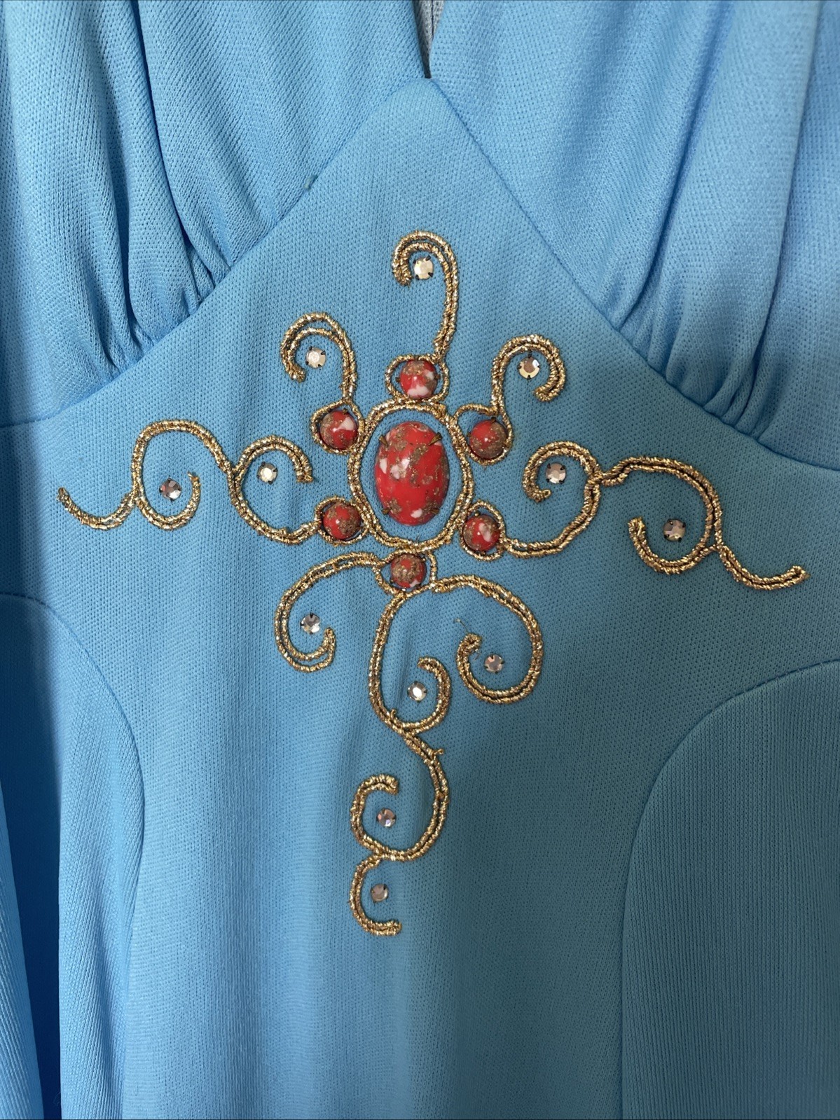 Vintage 1970’s Maxi Dress Turquoise With Stones And Gold Embroidery Women’s S/M