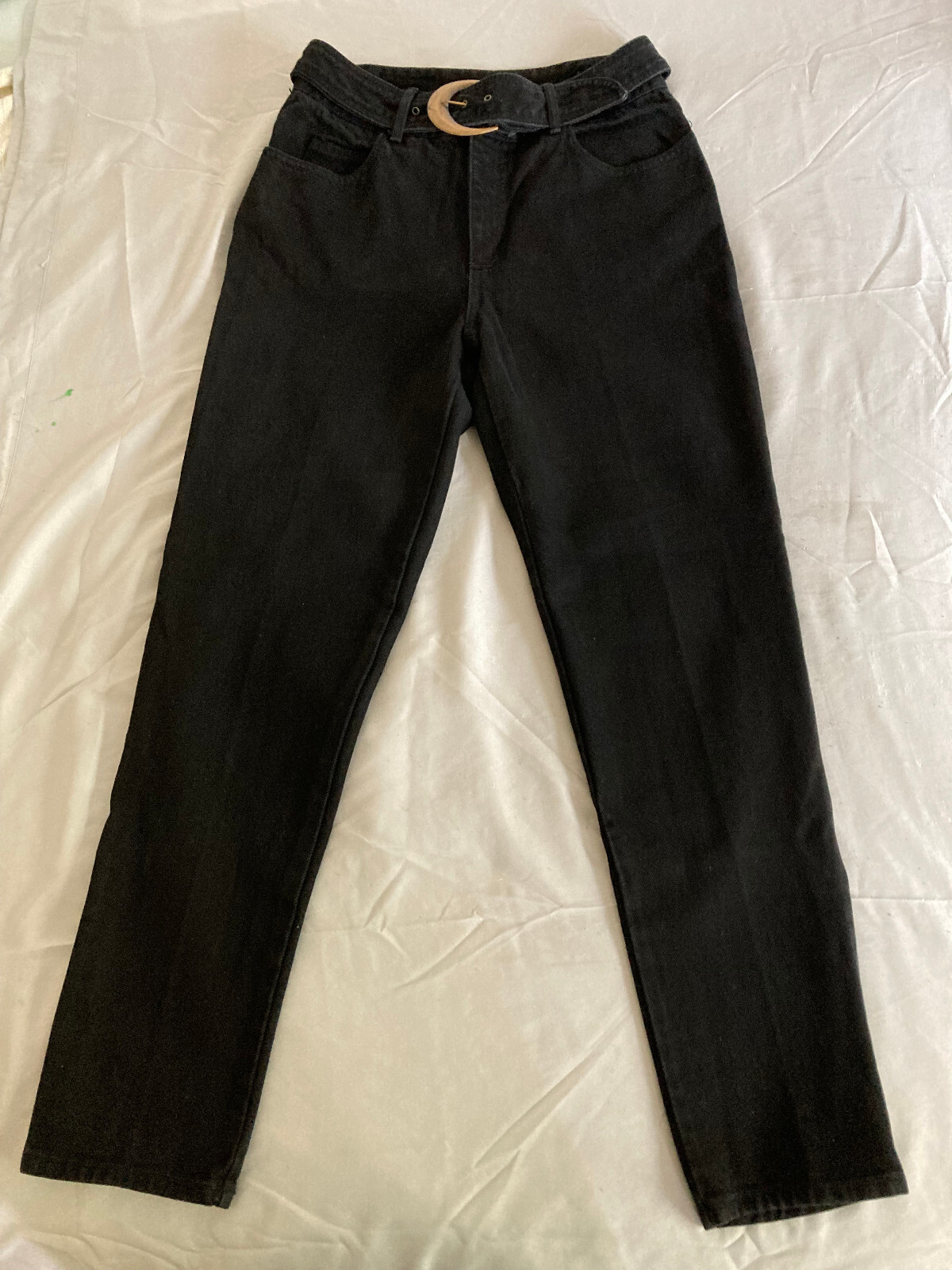 1980’s Vintage Paris Blues High Rise Black Jeans Tapered Leg Attached Belt