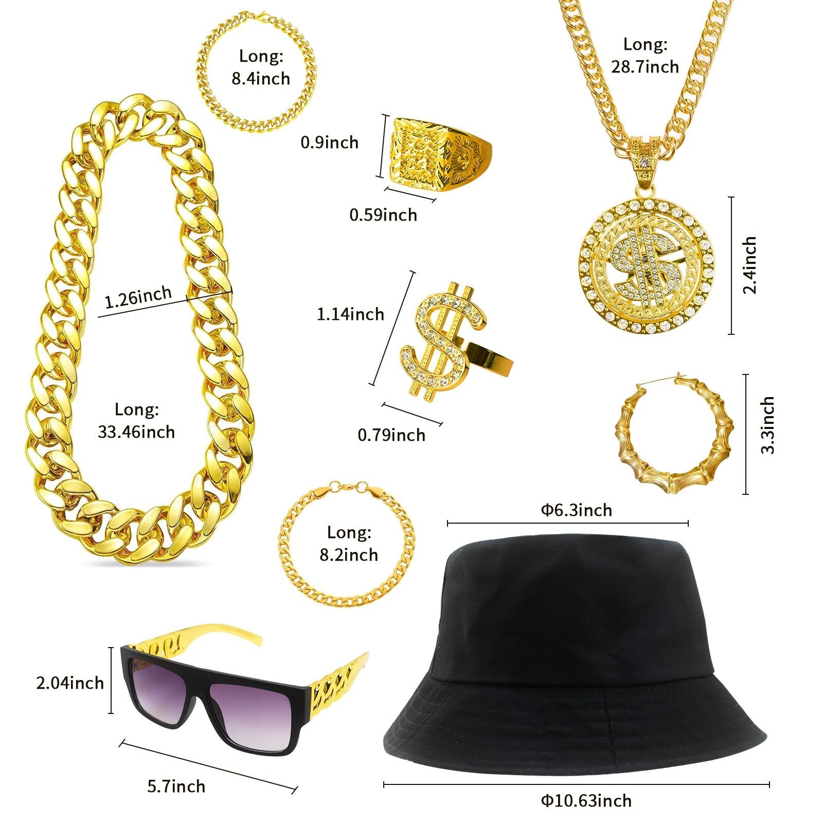 80s 90s Hip Hop Costume Kit – Rapper Accessories for Men & Women, Cosplay Party