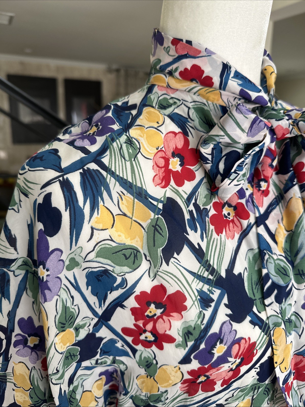 Norma Kamali 80s Floral Print Rayon High Low Long Dress Pussy Bow Keyhole Neck S