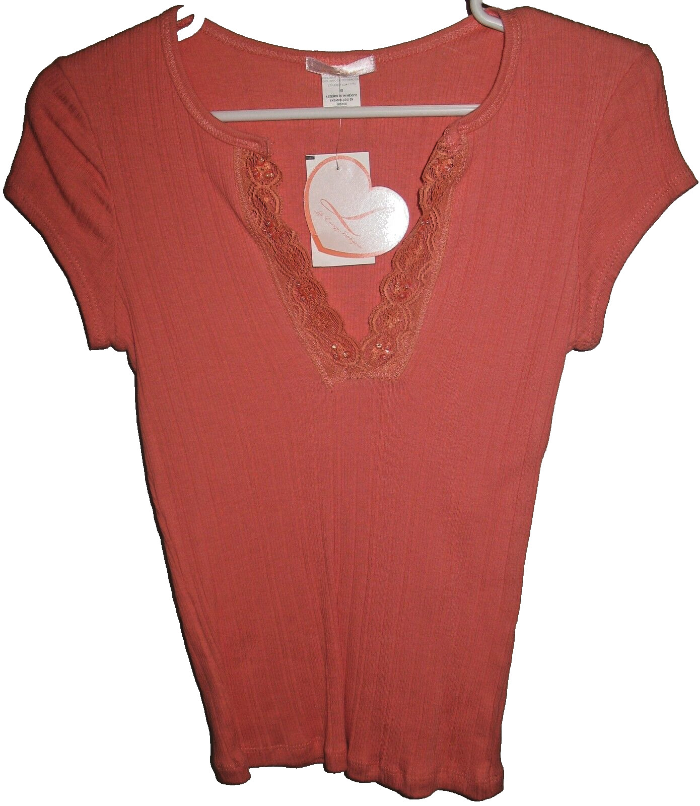 NWT VINTAGE Y2K LEI Coral V-Neck Lace Trim Top Size Medium L.E.I.